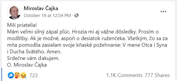 Zomrel kňaz Miroslav Čajka, ktorý v lete spochybňoval koronavírus. V októbri sa ním nakazil a prosil o modlitby