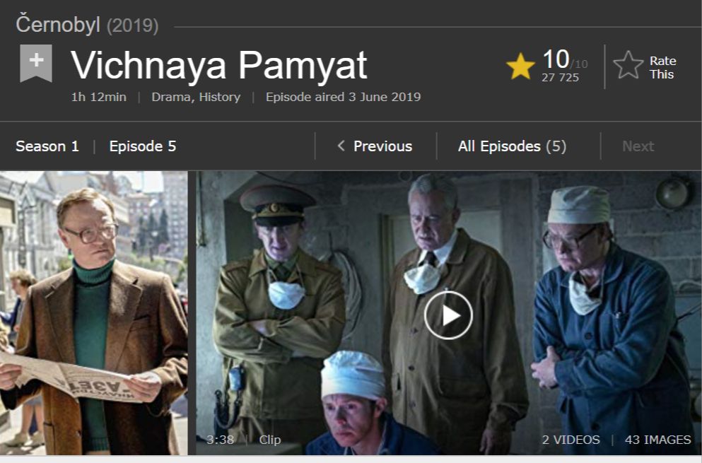 Záverečná časť seriálu Chernobyl je momentálne jedinou časťou s hodnotením 10/10 na celom IMDB