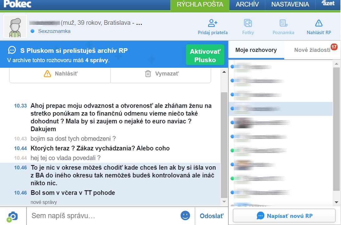 Nadržaná? Dám ti 500 €, môžeme aj s rúškami. Koronavírus na Pokeci klasické ponuky neovplyvnil