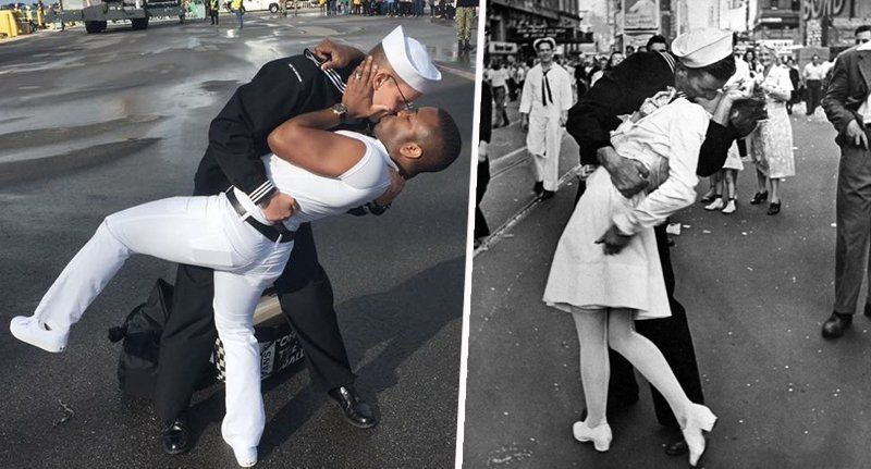 Námorník pretvoril ikonickú fotografiu z vojny so svojím manželom. Oslavovali návrat z vojenskej misie