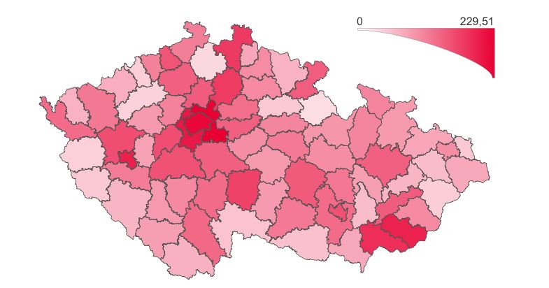 Počet osob s COVID‑19 přepočtený na 100 000 obyvatel