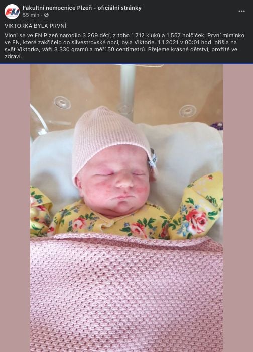 První dítě roku 2021 je Viktorie z Plzně