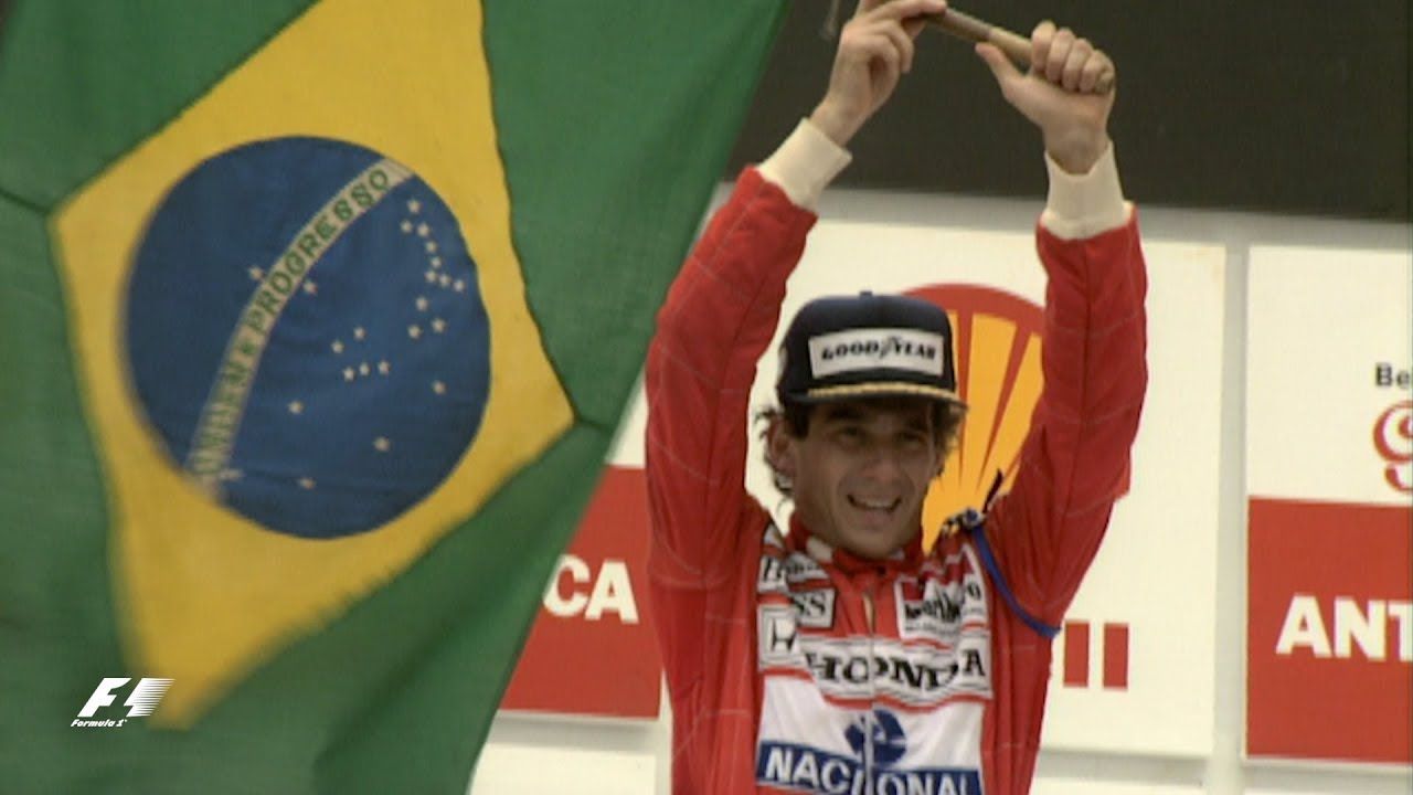 Senna po premiérovom víťazstve na VC Brazílie 1991.