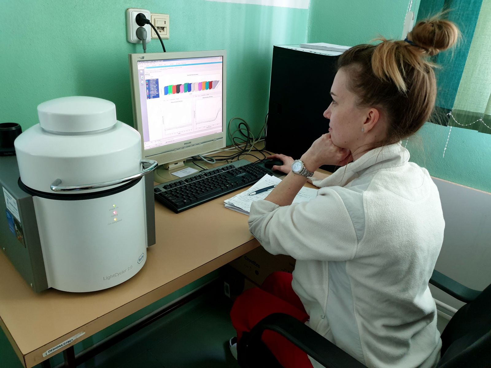 Druhá fáza analýzy vzoriek v PCR termocykléry. Prístroj po desiatkach cyklov množenia RNA vyhodnotí pozitivitu alebo negativitu vzorky.