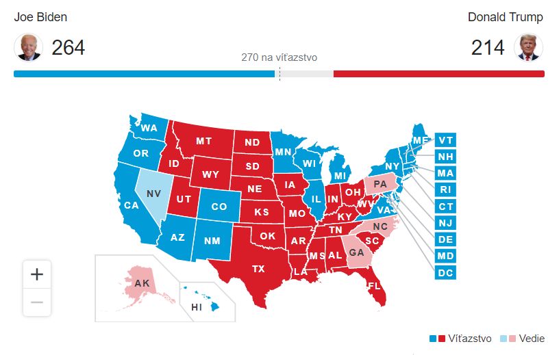 Priebežné výsledky amerických prezidentských volieb.