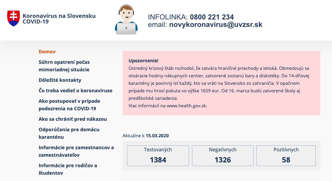 Počet nakazených koronavírusom na Slovensku stúpol na 58! Informuje o tom vládny web