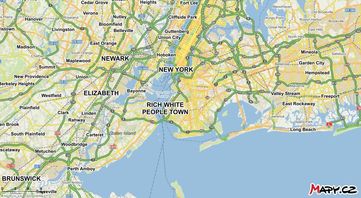 Mapy.cz označují část New Yorku jako „městečko bílých bohatých lidí“