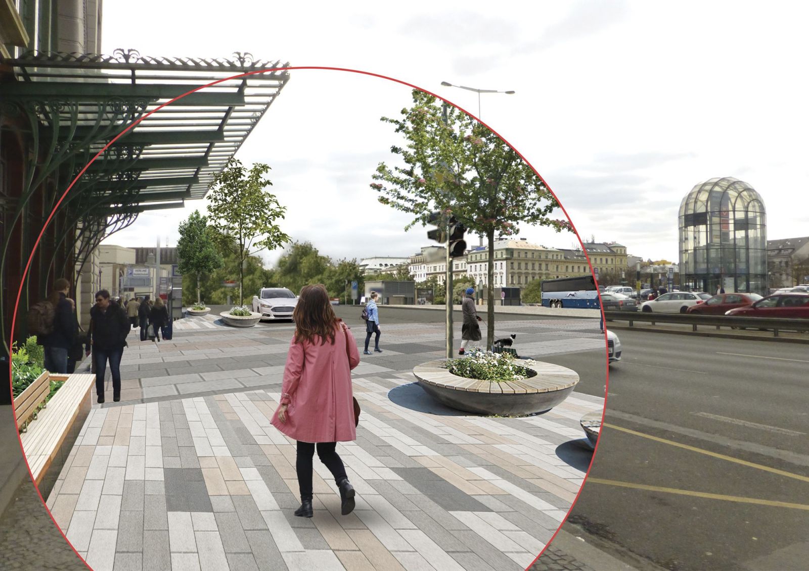 Fantova budova. Mezi stáním autobusů naproti nádraží a Fantovou budovou by v dlouhodobém horizontu mohl vzniknout pohodlný přechod, který by umožnil architektonický skvost obdivovat i z odstupu.