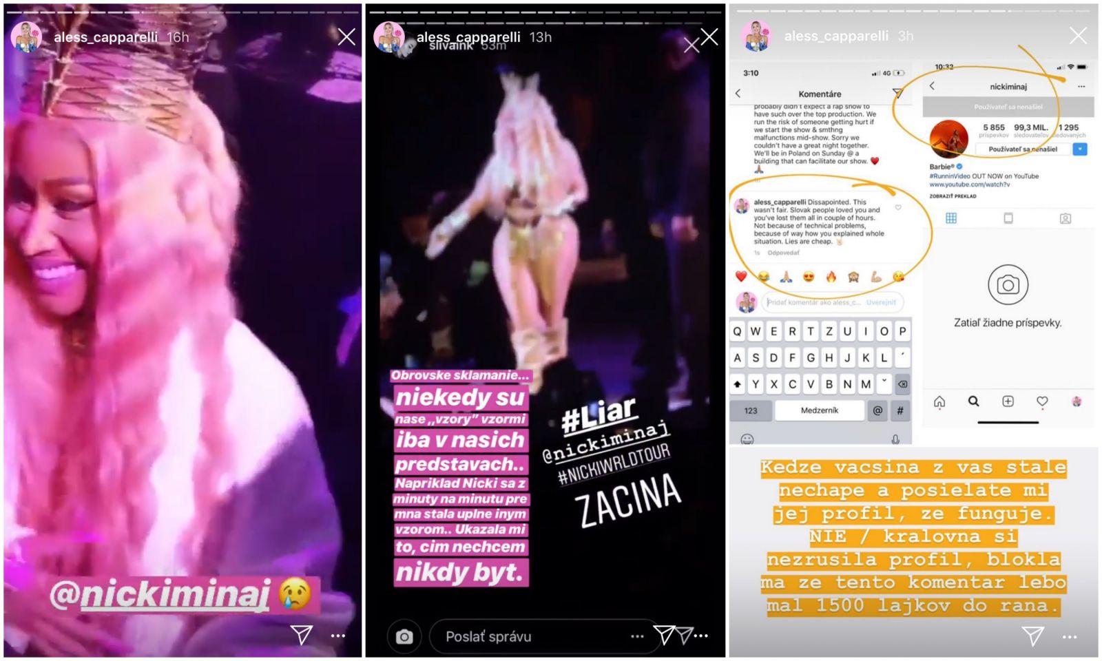 Nicki Minaj zablokovala Aless na Instagrame, Moma išla radšej na Dalyba. Ako reagujú na zrušený koncert známe osobnosti?