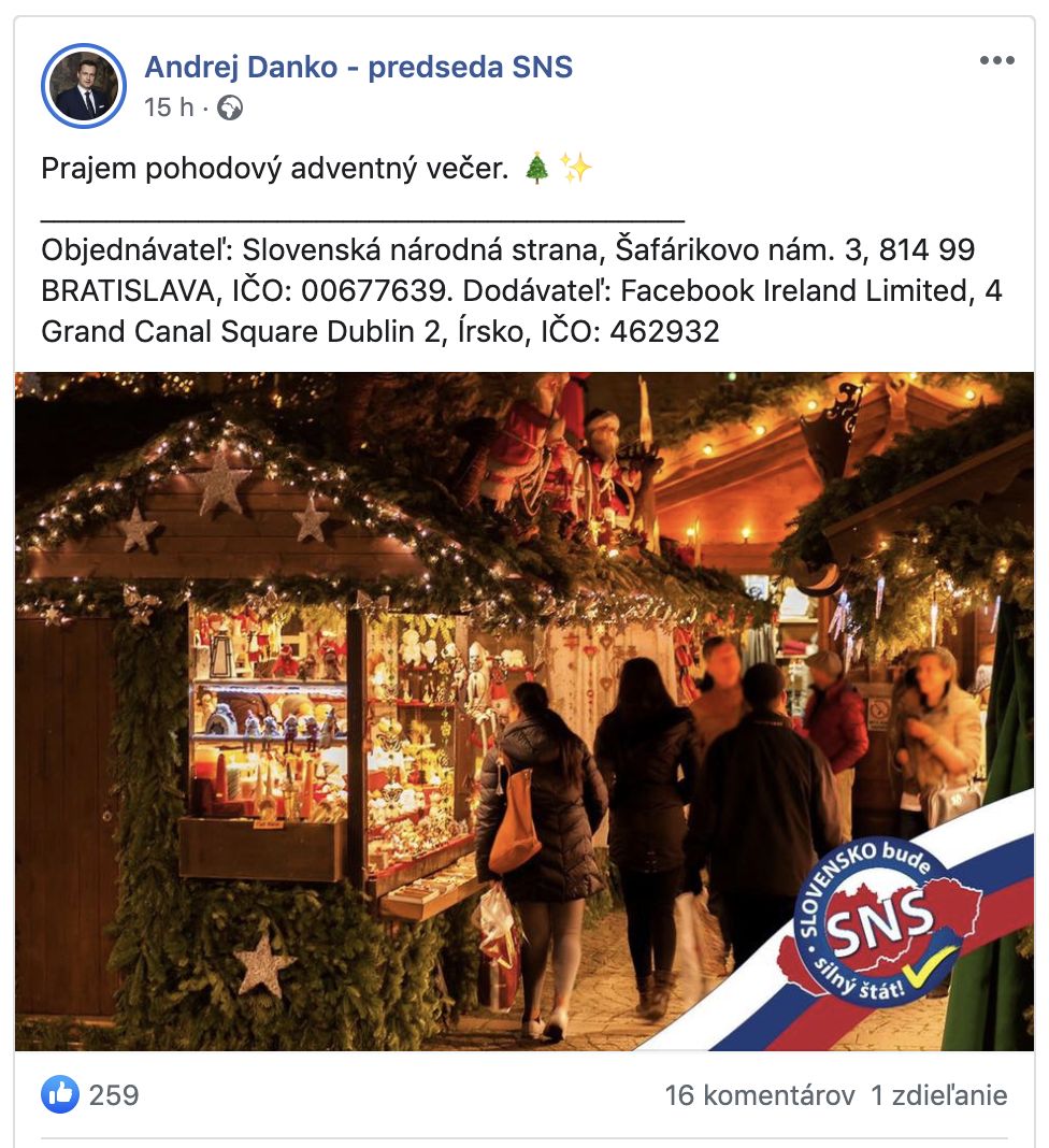 Predseda SNS Andrej Danko praje Slovákom pohodový adventný večer s trikolórou a logom strany na fotke vianočných trhov z Zürichu