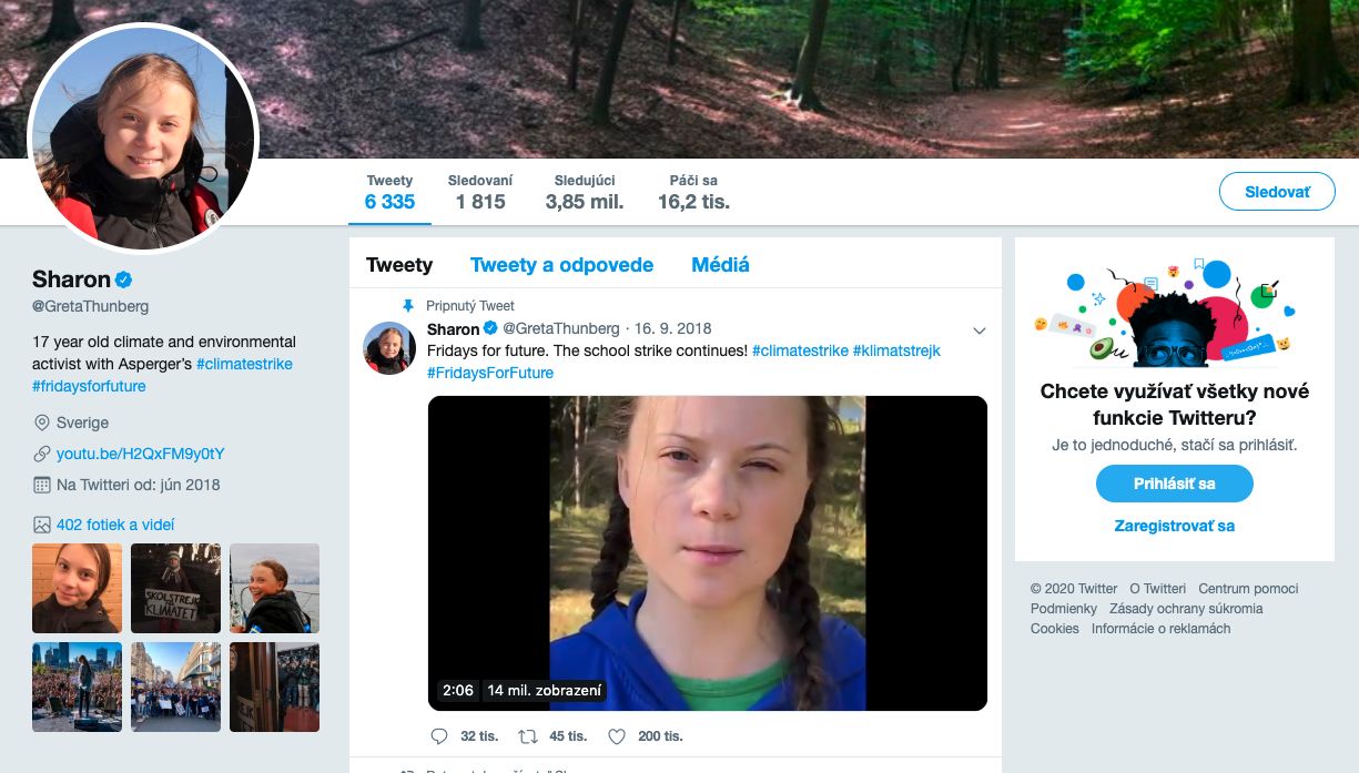 Greta Thunberg si zmenila meno na Twitteri, volá sa Sharon. Reaguje na vedomostnú show pre celebrity