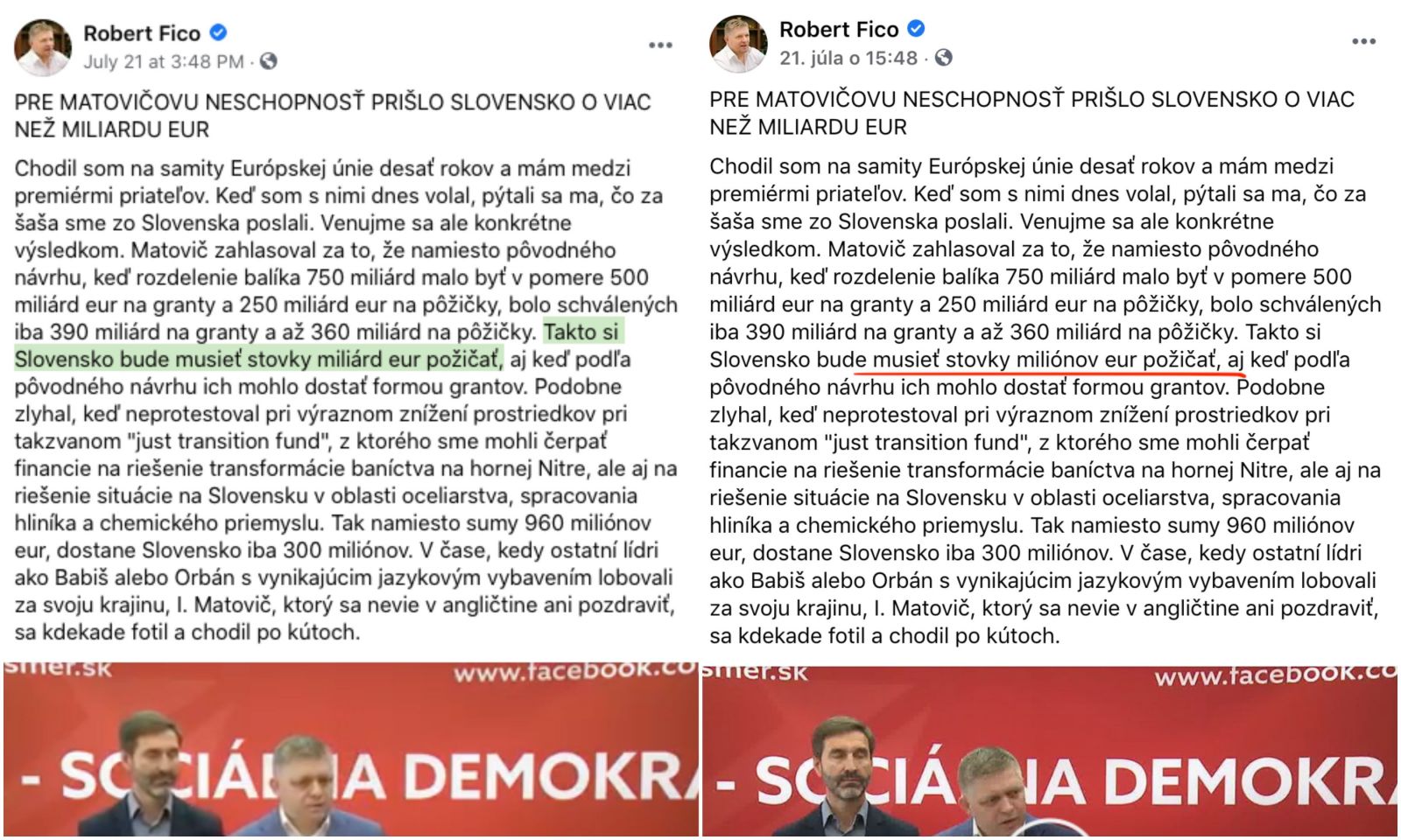 Napravo je pôvodný status Roberta Fica, naľavo je upravená verzia po našom upozornení, že predseda Smeru na svojom Facebooku zavádza verejnosť. 