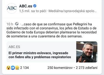 Španielsky spravodajský server šíri nepravdivú informáciu o tom, že je u Petra Pellegriniho podozrenie na koronavírus