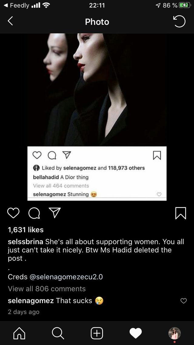 Selena Gomez ironicky komentuje to, že kvôli nej Bella Hadid zmazala fotku z Instagramu