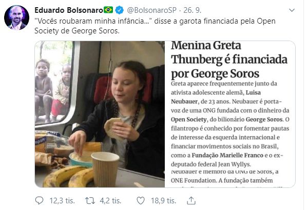 Syn brazílskeho prezidenta zdieľal falošnú fotku Grety, ako obeduje pred africkými deťmi. Navyše klamal, že je financovaná Sorosom