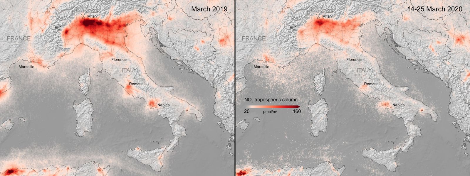 Koronavirus zlepšuje znečištěné ovzduší i v Evropě, ukazují satelitní snímky